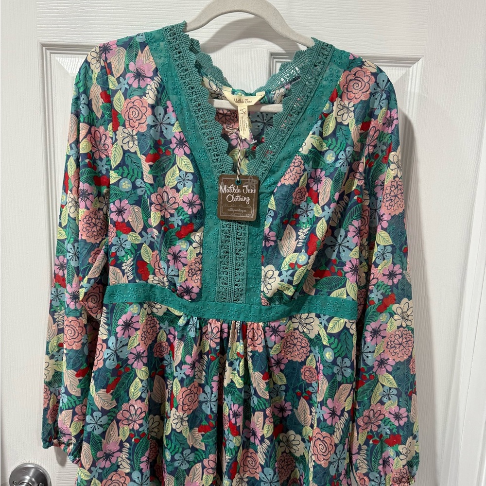 NWT Matilda Jane Blue V-Neck Bishop Sleeve Blouse